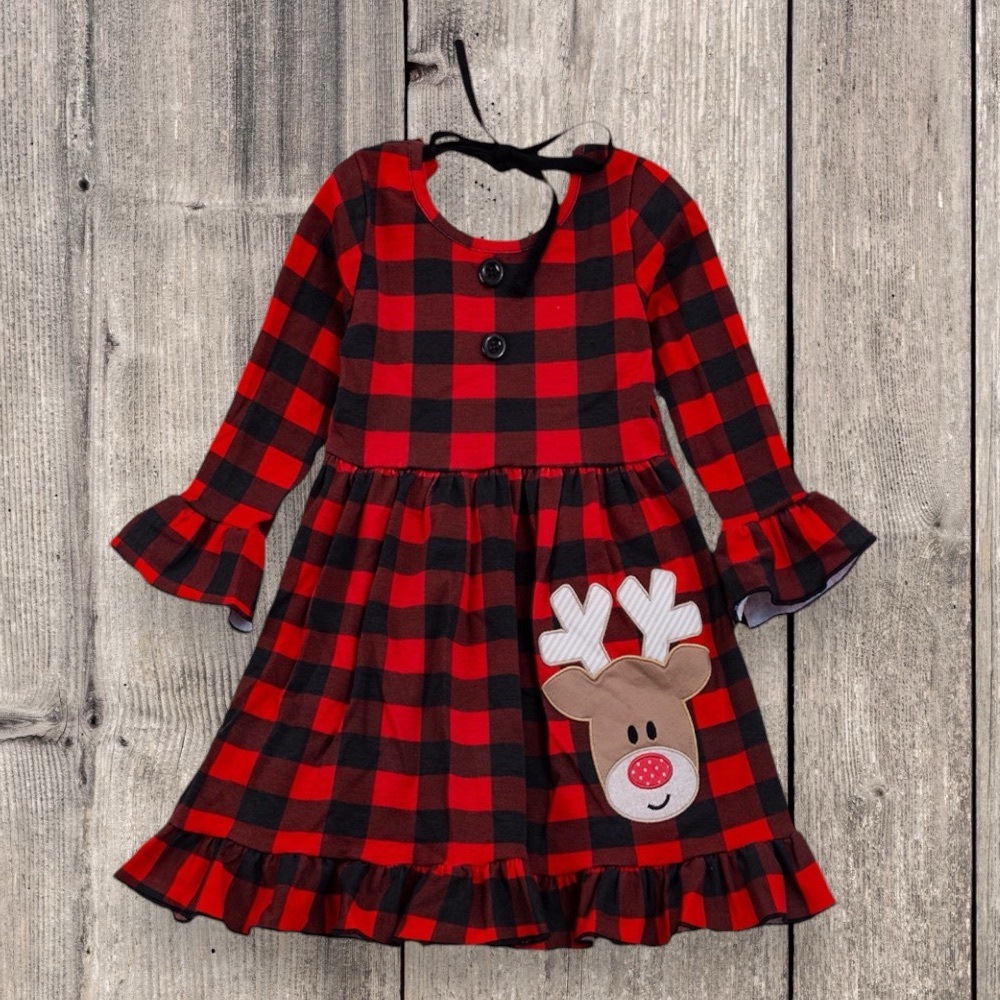 Girl Boutique Red Plaid Reindeer Dress